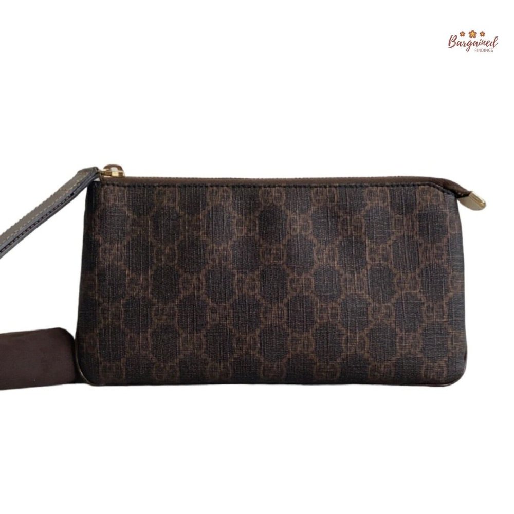 Authentic GUCCI Brown/Bronze GG Coated Canvas Wristlet Pochette Clutch Bag